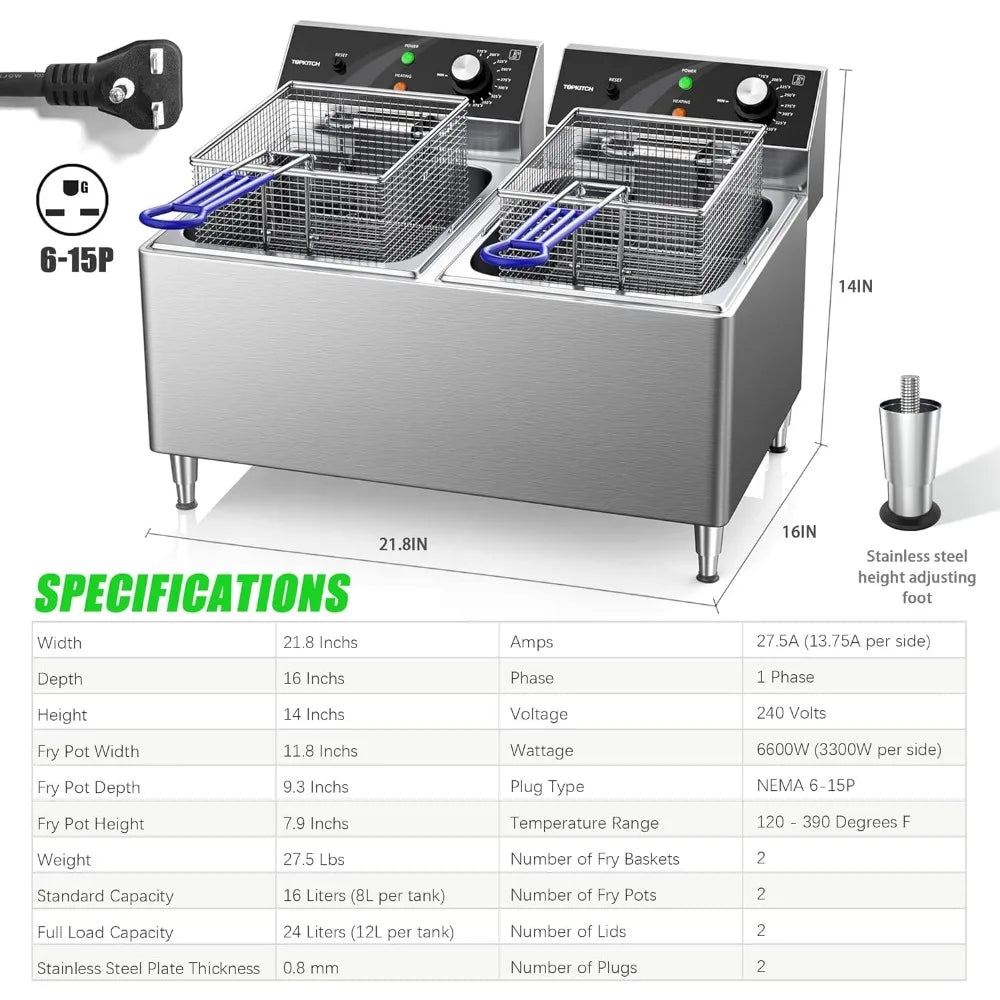 Electric Commercial Deep fryer 12L x 2 Dual Tank with 2 Frying Baskets and Lids Countertop Fryer for Restaurant with 3300W - My Homes Goods