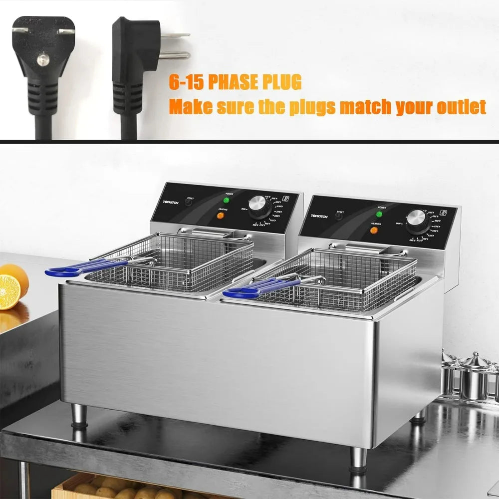 Electric Commercial Deep fryer 12L x 2 Dual Tank with 2 Frying Baskets and Lids Countertop Fryer for Restaurant with 3300W - My Homes Goods