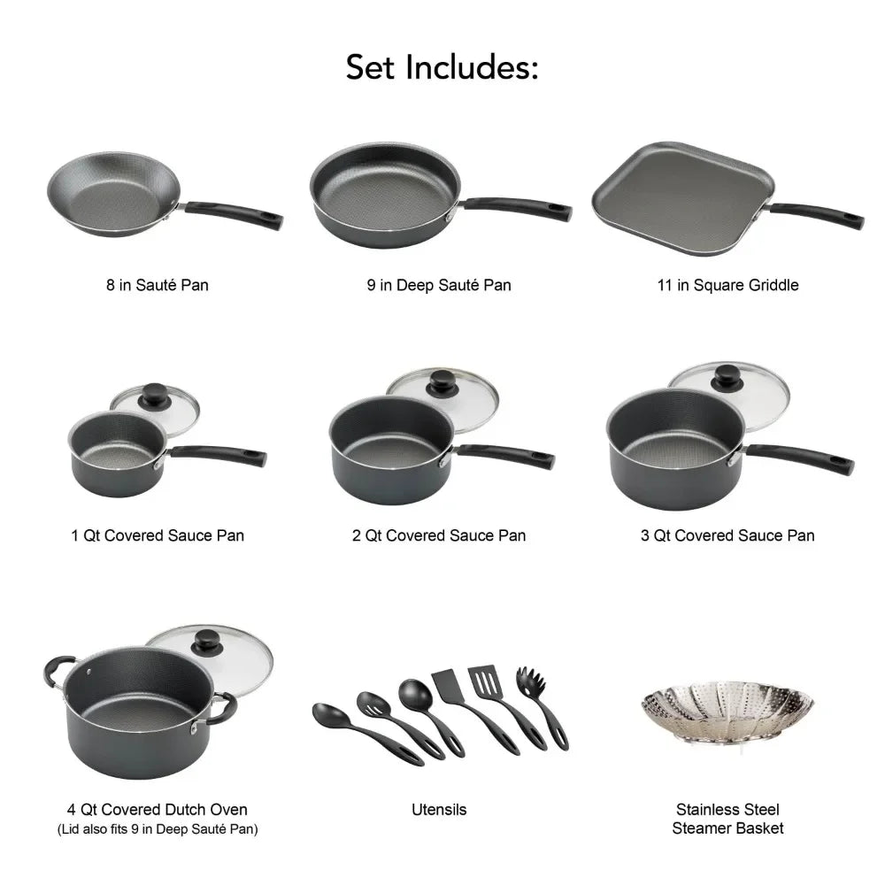 18 Piece Non-stick Cookware Set, Steel Gray - My Homes Goods