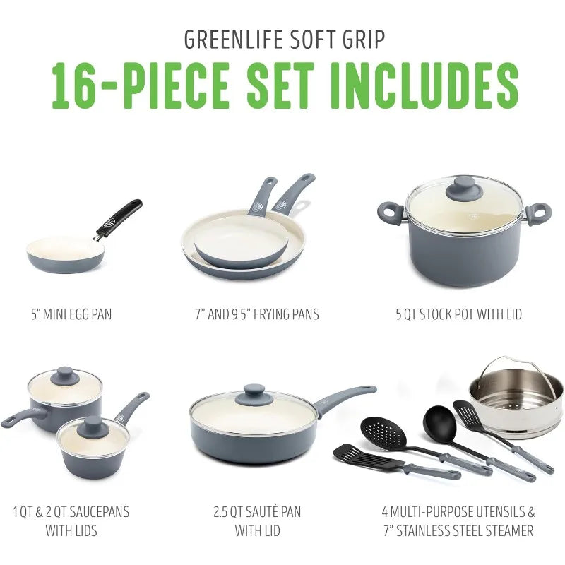 GreenLife Soft Grip Healthy Ceramic Nonstick 16 Piece Kitchen Cookware Pots and Frying Sauce Saute Pans Set, PFAS-Free - My Homes Goods