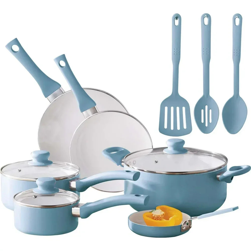 Ceramic Nonstick 12 Piece Cookware Set, Aqua, Hand Wash Only Pots and Pans - My Homes Goods