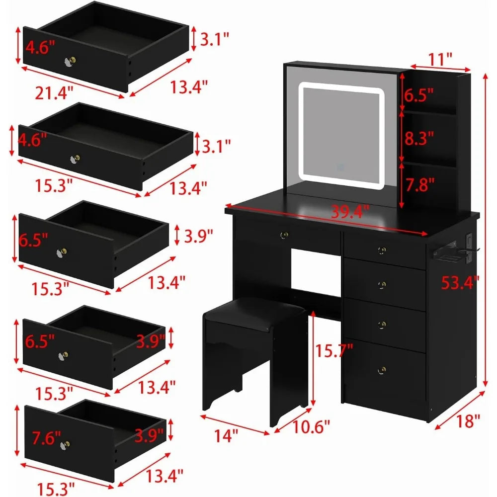 Dresser Set, Dressing Table, Lighting Mirror, Power Strip and Hair Dryer Holder, Dresser with Drawers, Bedroom Storage Shelf