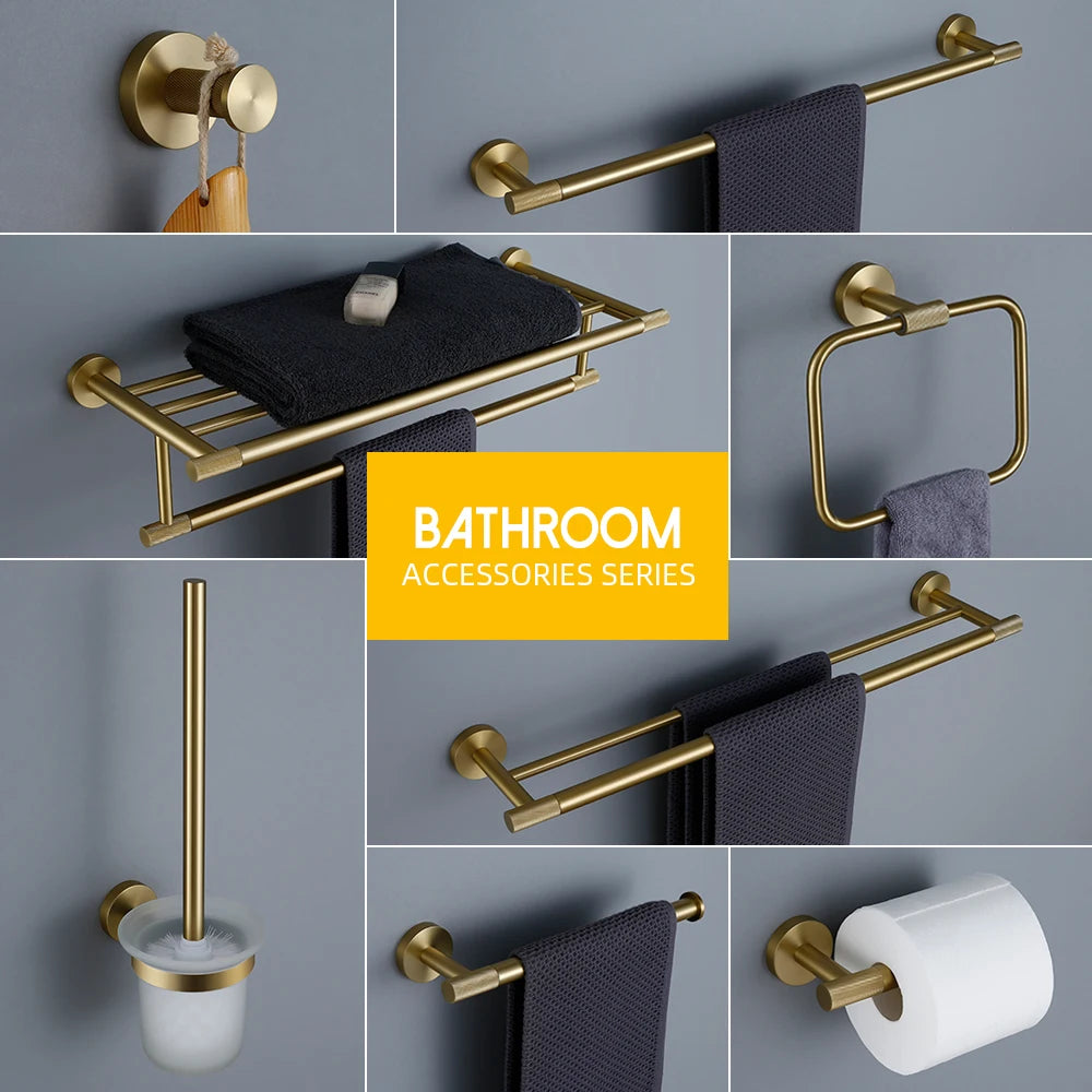 Bathroom Hardware Accessories Set Brushed Gold Knurled Brass Kit Towel Bar Ring Robe Hook Paper Holder Towel Ring Toilet Brush - My Homes Goods