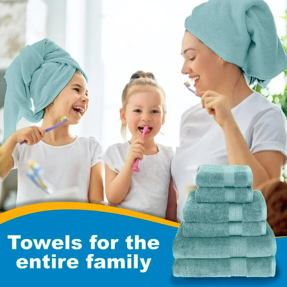 Soft & Absorbent, Luxury 100% Cotton Towels, 6 Piece Bath Towel Set, Include 2 Bath Towels, 2 Hand Towels, 2 Washcloths