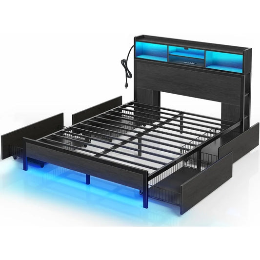 Full Bed Frame with 4 Drawers Storage Headboard, Metal Platform Bed with Charging Station, Bookcase Storage, Easy Assembly