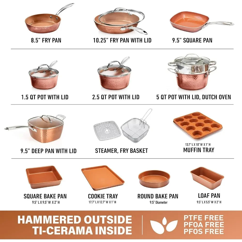 Nonstick Ceramic Cookware + Bakeware Set for Kitchen ,Hammered Copper Collection – 20 Piece Premium Pots and Pans Set - My Homes Goods