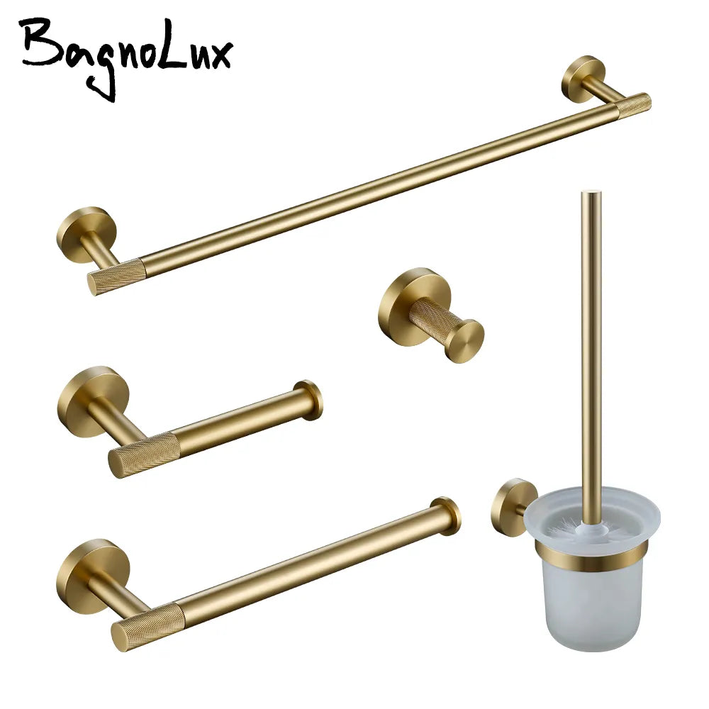 Bathroom Hardware Accessories Set Brushed Gold Knurled Brass Kit Towel Bar Ring Robe Hook Paper Holder Towel Ring Toilet Brush - My Homes Goods