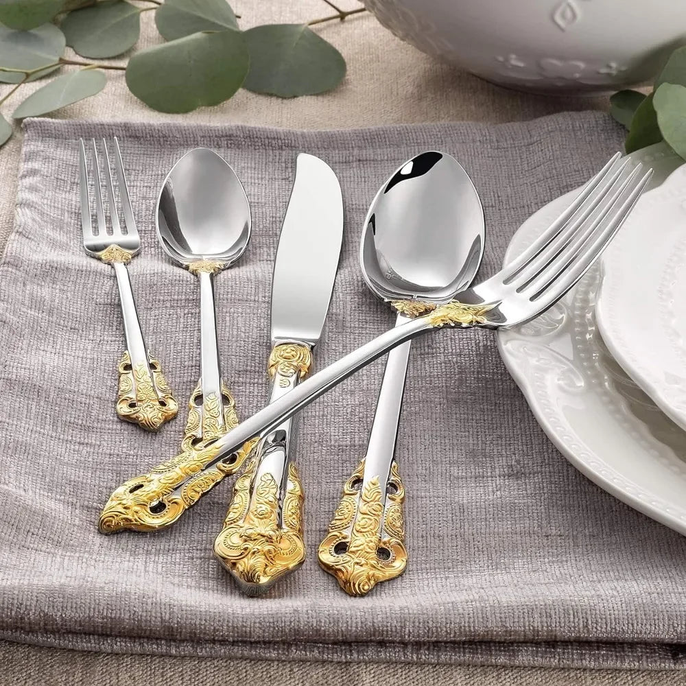 Stainless Steel Gold Cutlery Fine Silverware Set and Dishwasher Safe Silver Plated With Gold Accents Service for 8 Tableware Bar