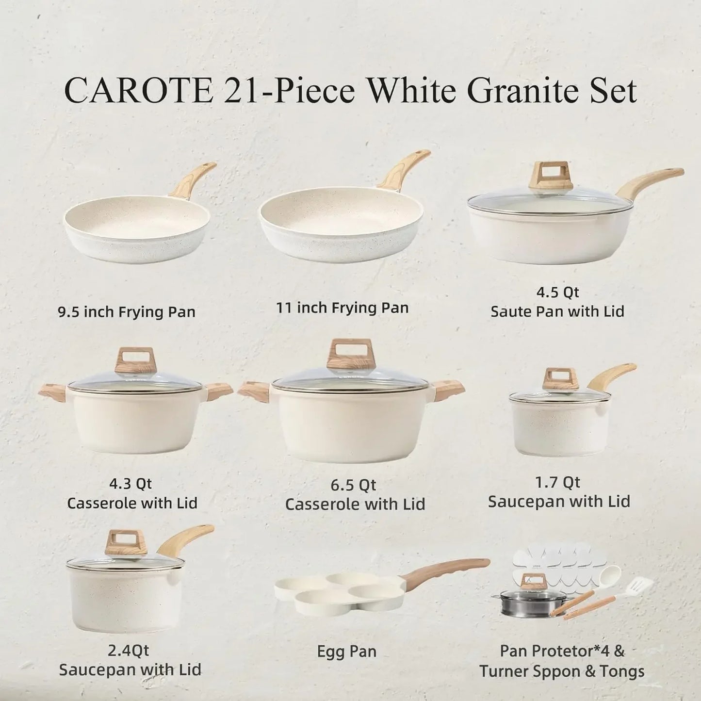 21Pcs Pots and Pans Set, Nonstick Cookware Sets, White Granite Induction Cookware Non Stick Cooking Set w/Frying Pans & S
