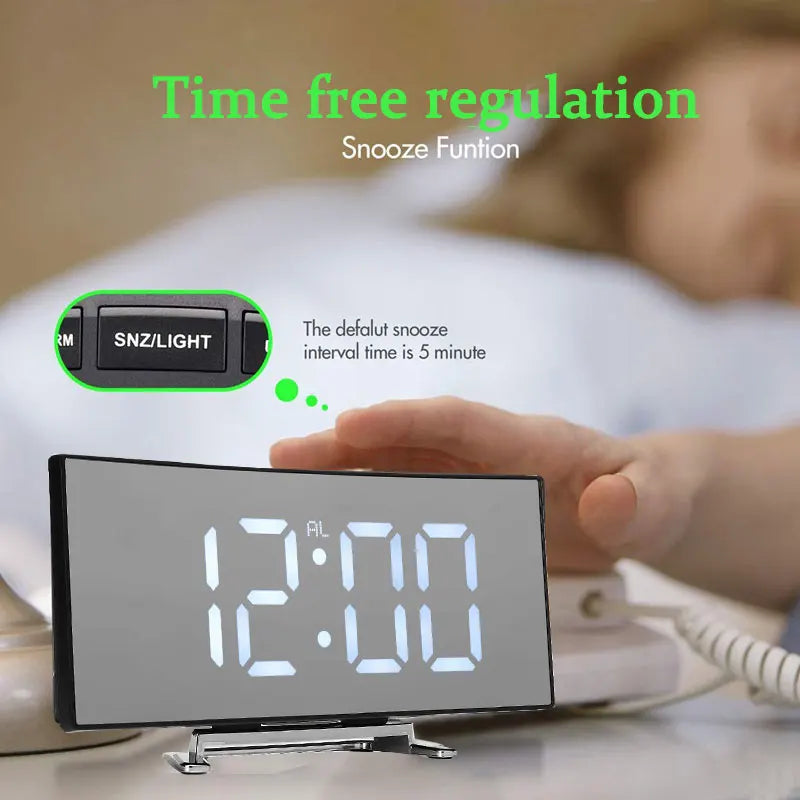 Led Alarm Clock Digital Children Electronic Alarm Clocks Curved Screen Mirror Temperature Clock with Snooze Function Desk Clock - My Homes Goods