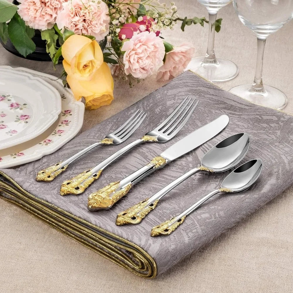 Stainless Steel Gold Cutlery Fine Silverware Set and Dishwasher Safe Silver Plated With Gold Accents Service for 8 Tableware Bar