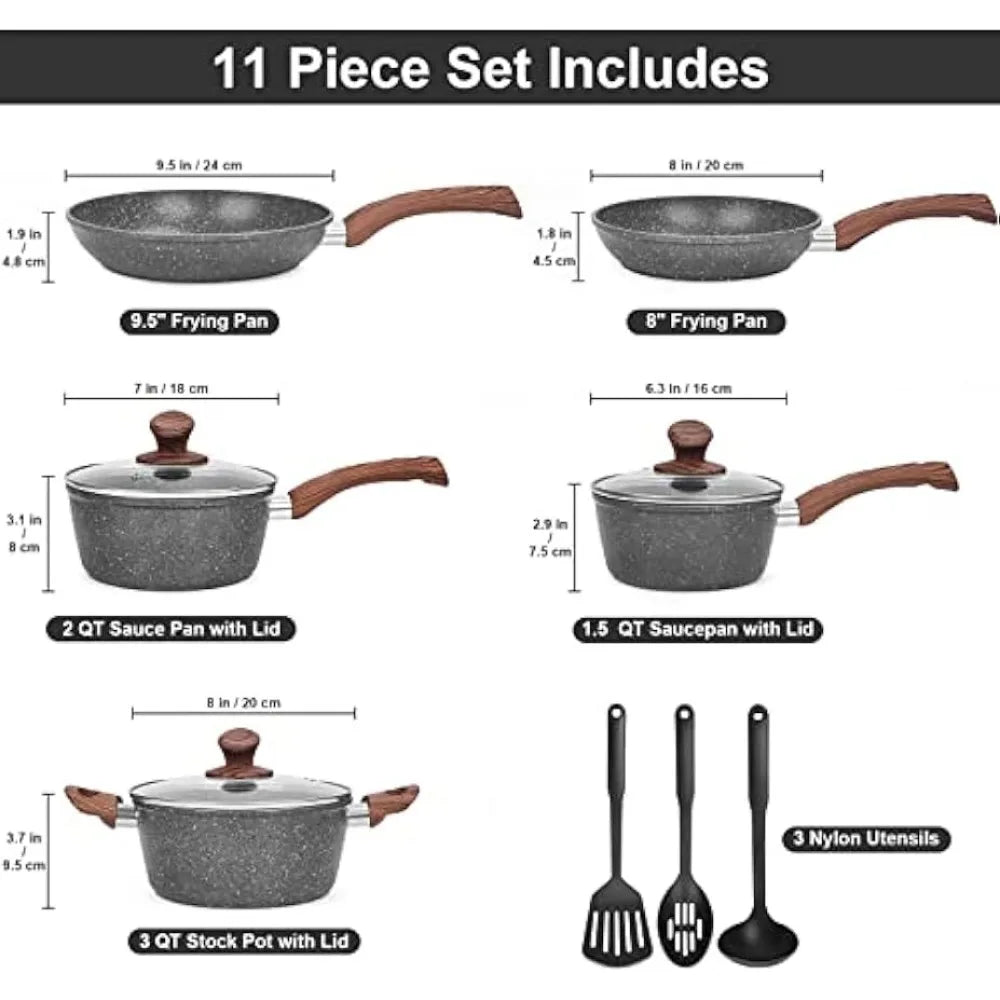 M MELENTA Granite Pots and Pans Set Ultra Nonstick, 11 Piece Die-Cast Cookware Sets with Frying Pan, Sauce Pan, Stockpot - My Homes Goods