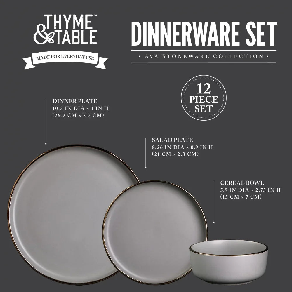 Dinnerware Ava Stoneware, 12 Piece Set Dinnerware Sets, Dinner Plates, Plates and Bowls Sets Round Plate - My Homes Goods