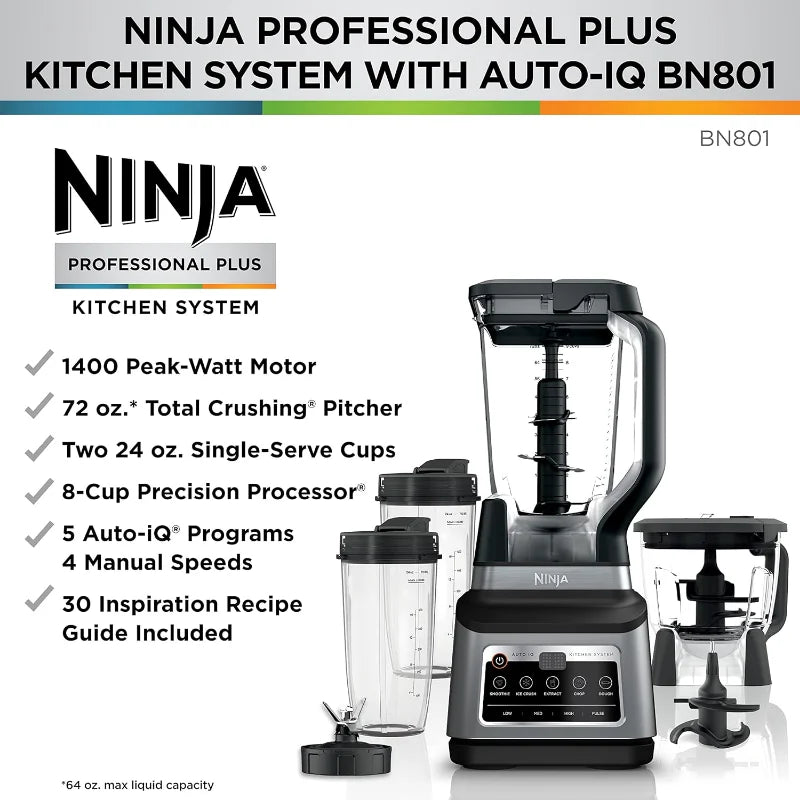 Food Processors, Kitchen System, 1400 WP, 5 Functions for Smoothies, Chopping, Dough & More with Auto IQ, BN801 - My Homes Goods