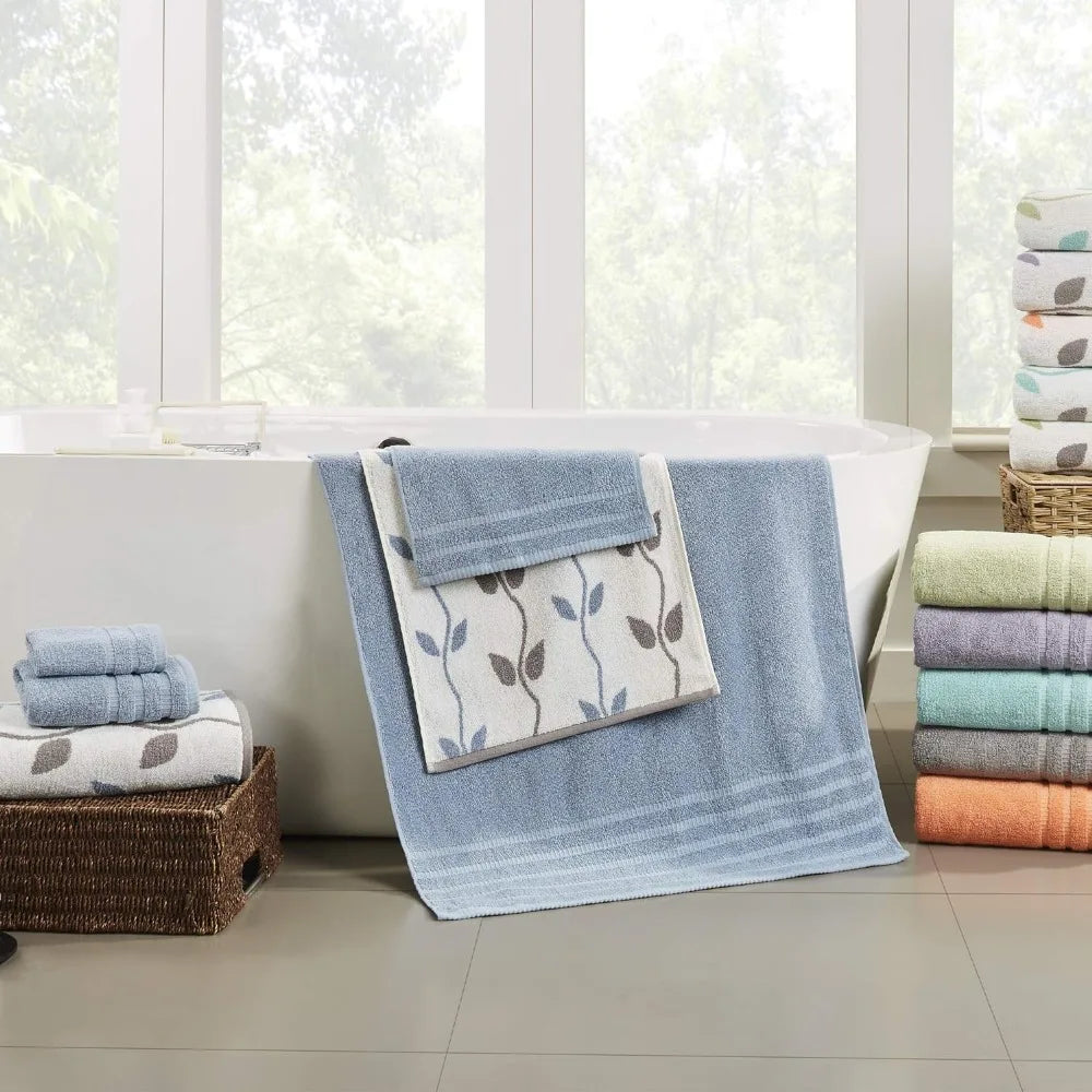 Towels Bathroom Overseas 6-Piece Yarn Dyed Organic Vines Jacquard/Solid Ultra Soft 500GSM 100% Combed Cotton Towel Set Bath Home - My Homes Goods