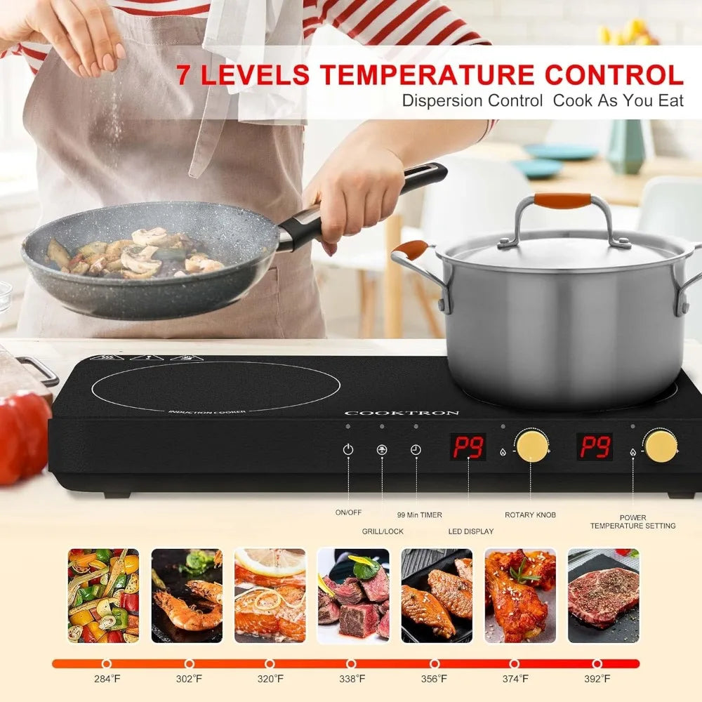 Portable Induction Cooktop 2 Burner with Removable Iron Cast Griddle Pan Non-stick, 1800W Double Induction Cooktop - My Homes Goods