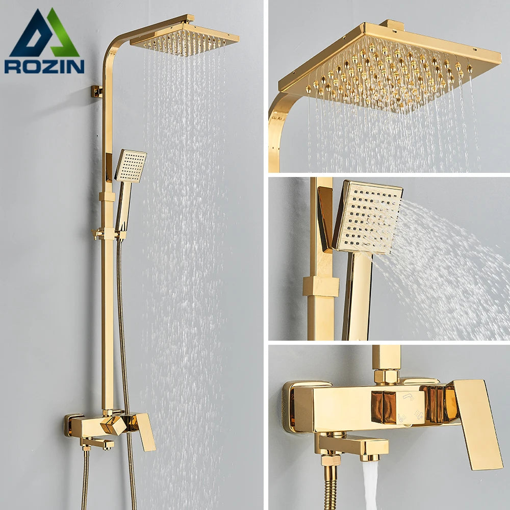 Rozin Golden Bathroom Shower Faucet Set Gold 8" Rainfall Shower Mixer Crane Wall Mounted with Hand Shower Bath Rain Column Tap - My Homes Goods