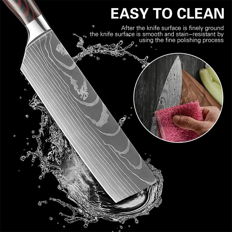 Kitchen Knives 7CR17 440C Stainless Steel Knife Laser Damascus Pattern Japanese Santoku Cleaver Slicing Utility Chef Knife Set - My Homes Goods