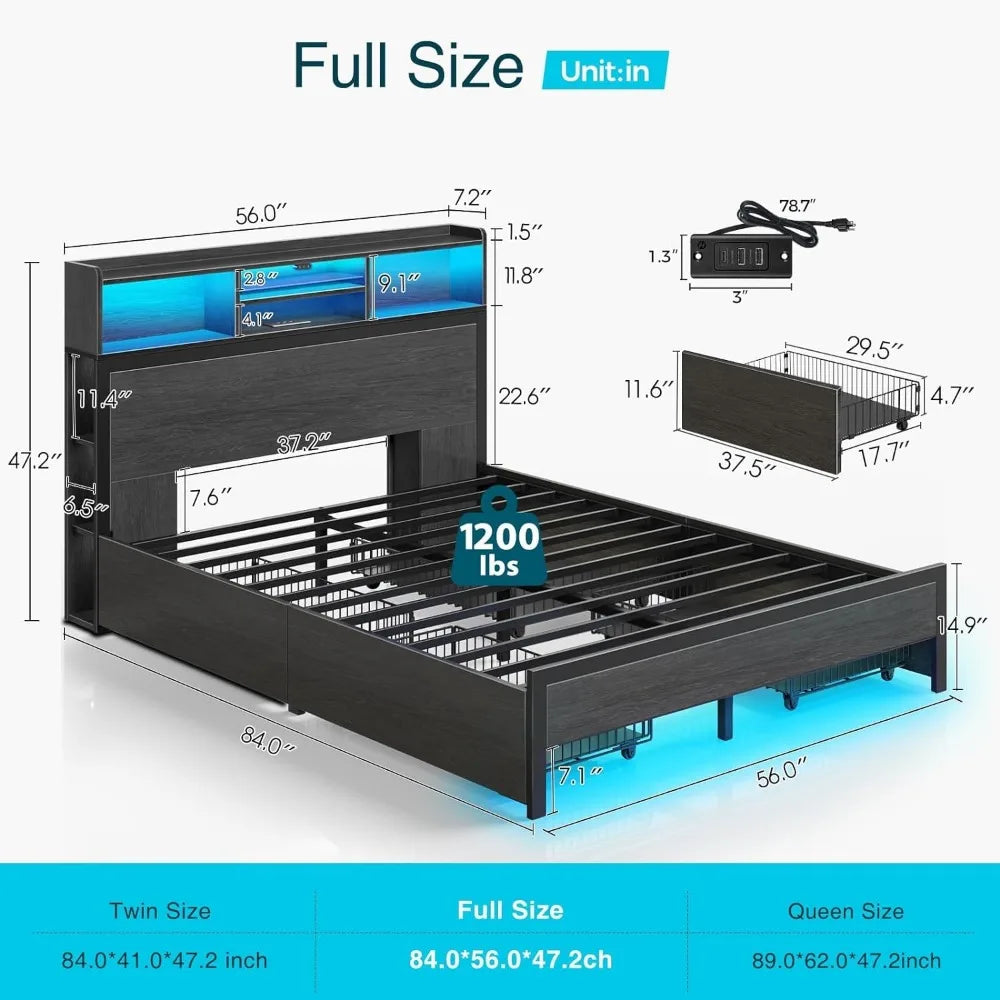 Full Bed Frame with 4 Drawers Storage Headboard, Metal Platform Bed with Charging Station, Bookcase Storage, Easy Assembly