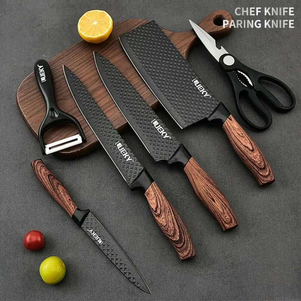 Kitchen Knives Sets Stainless Steel Forged Kitchen Chef Knife Set Scissors Peeler Slicer Nakiri Paring Knife Diamond Pattern - My Homes Goods