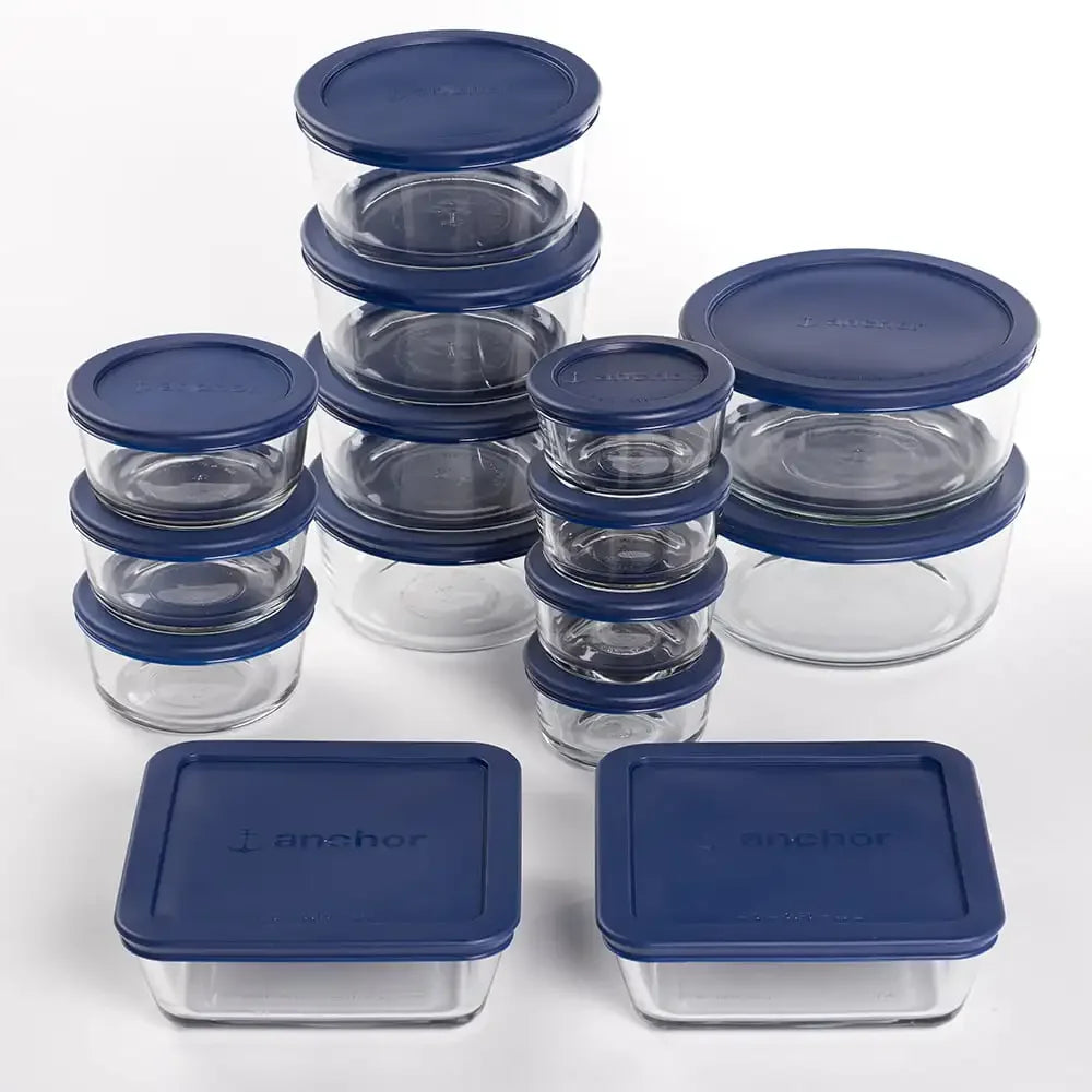 30 Piece Glass Jar Food Container Set with Lids Navy Blue Lid Set - My Homes Goods