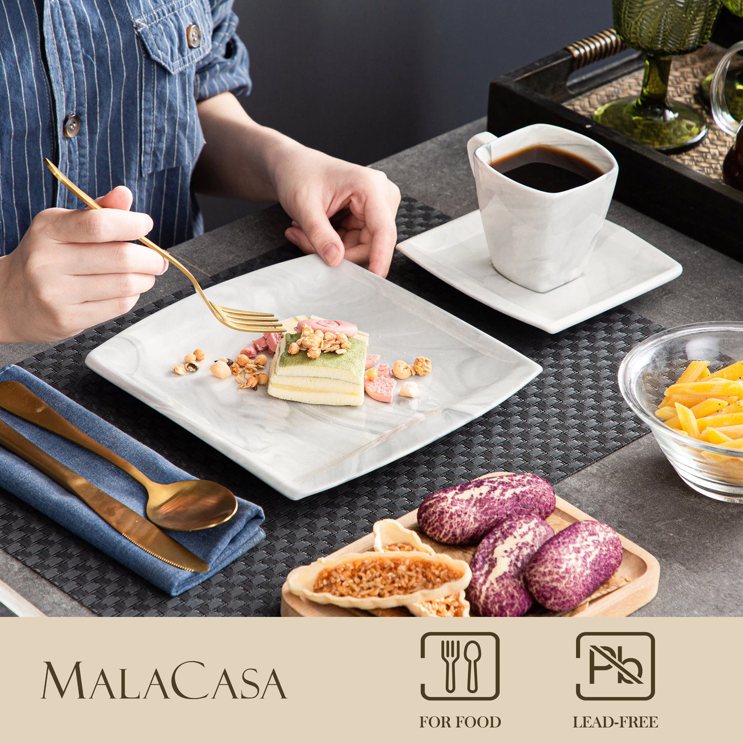 MALACASA Blance 18/36pcs Marble Grey Porcelain Ceramic Drinkware Sets with Coffee Cups,Saucers and Dessert Plates for 6 Person