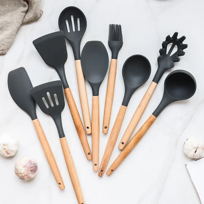 12PCS Silicone Kitchenware Non-Stick Cookware Kitchen Utensils Set Spatula Shovel Egg Beaters Wooden Handle Cooking Tool Set - My Homes Goods