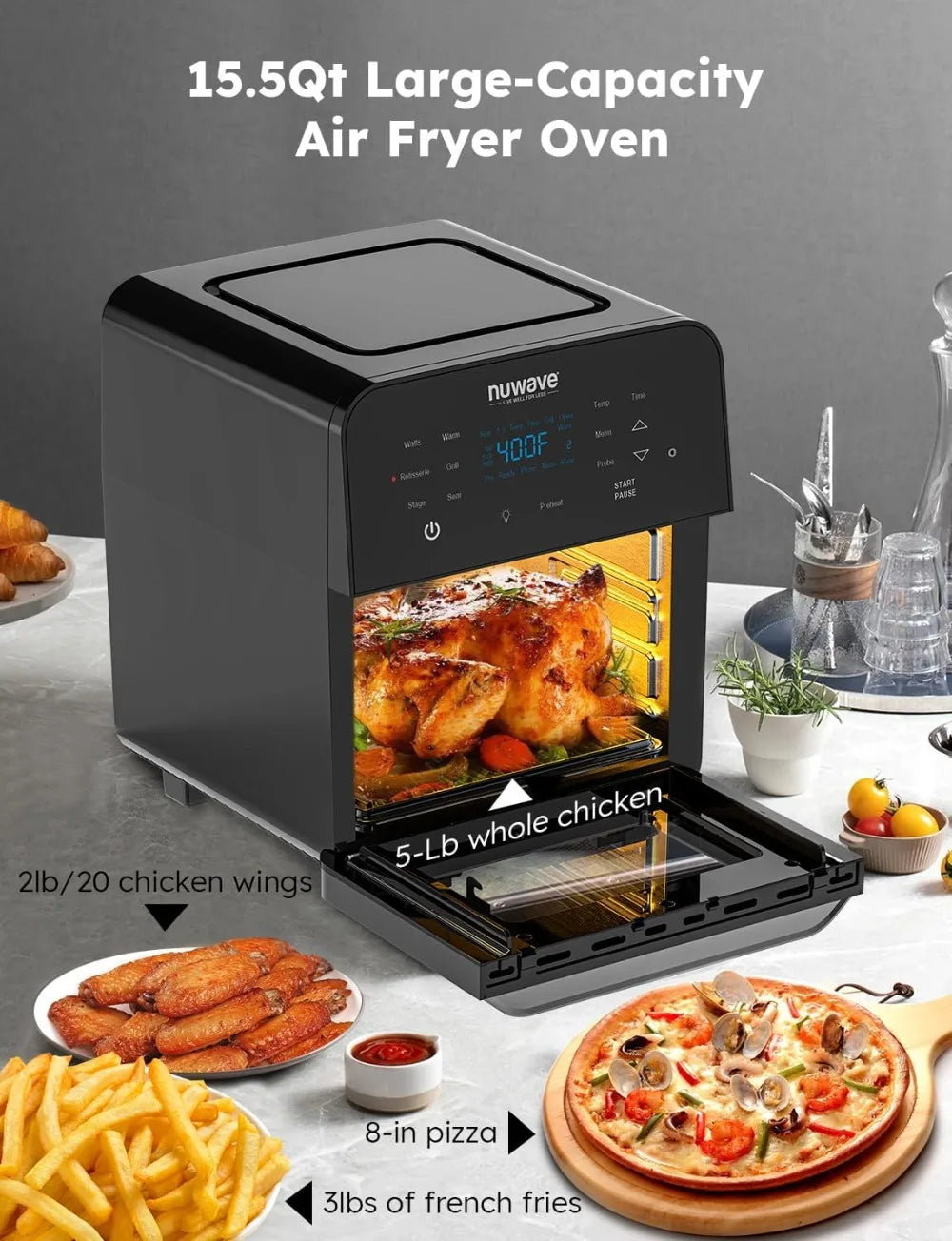 Nuwave Brio 15.5Qt Air Fryer Rotisserie Oven, X-Large Family Size, Powerful 1800W, 4 Rack Positions, 50°-425°F Temp Controls - My Homes Goods