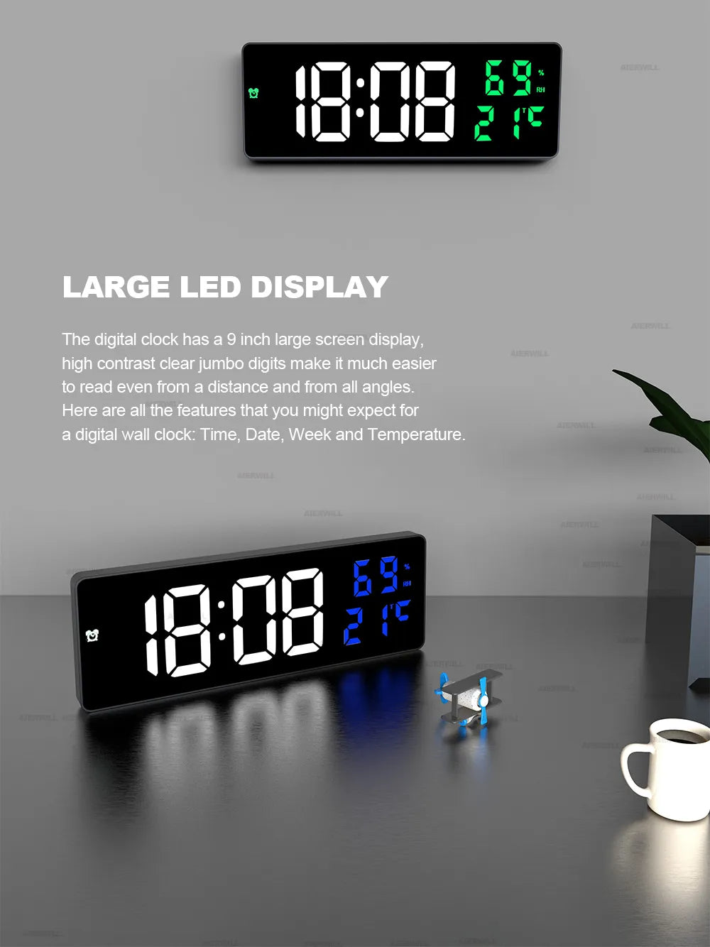 9“ Digital Wall Clock Large LED Screen Temperature Humidity Display Electronic Alarm Clock Home Decoration 12/24H Table Clock - My Homes Goods