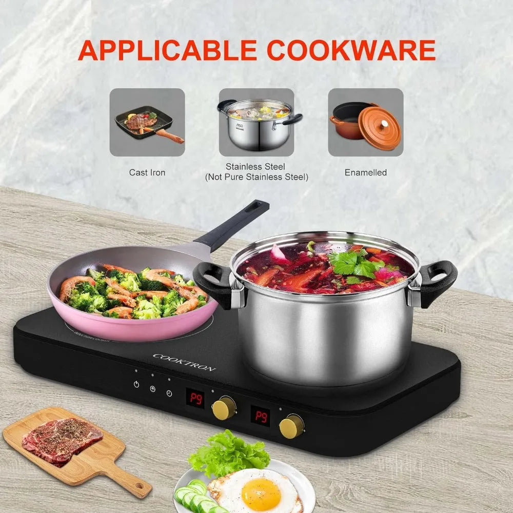 Portable Induction Cooktop 2 Burner with Removable Iron Cast Griddle Pan Non-stick, 1800W Double Induction Cooktop - My Homes Goods