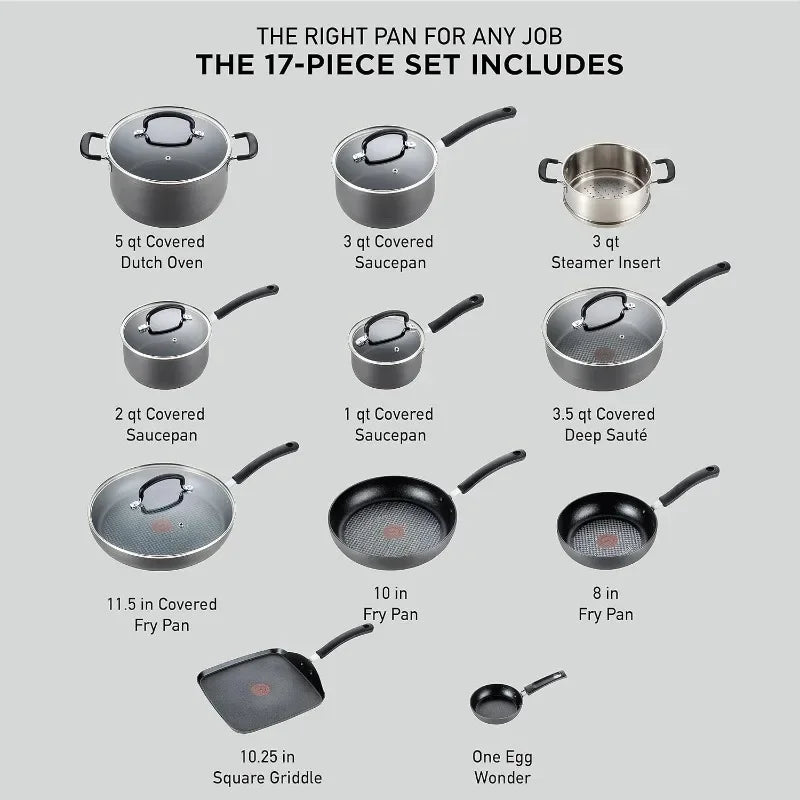 T-fal Ultimate Hard Anodized Nonstick Cookware Set 17 Piece Oven Safe 400F, Lid Safe 350F Pots and Pans, Dishwasher Safe Black - My Homes Goods