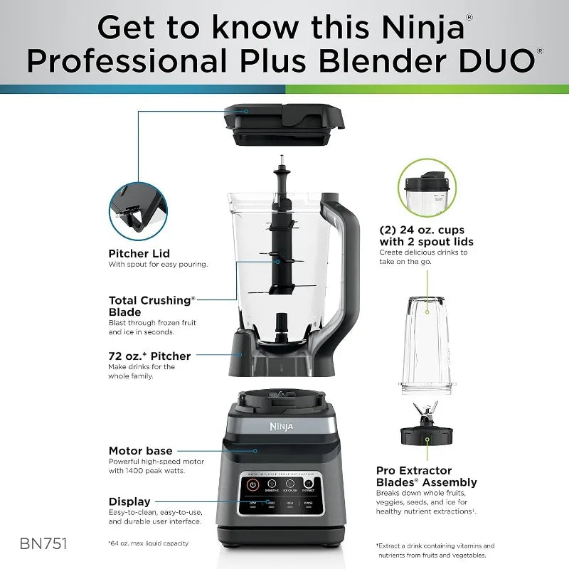 Ninja BN751 Professional Plus DUO Blender, 1400 Peak Watts, 3 Auto-IQ Programs for Smoothies - My Homes Goods