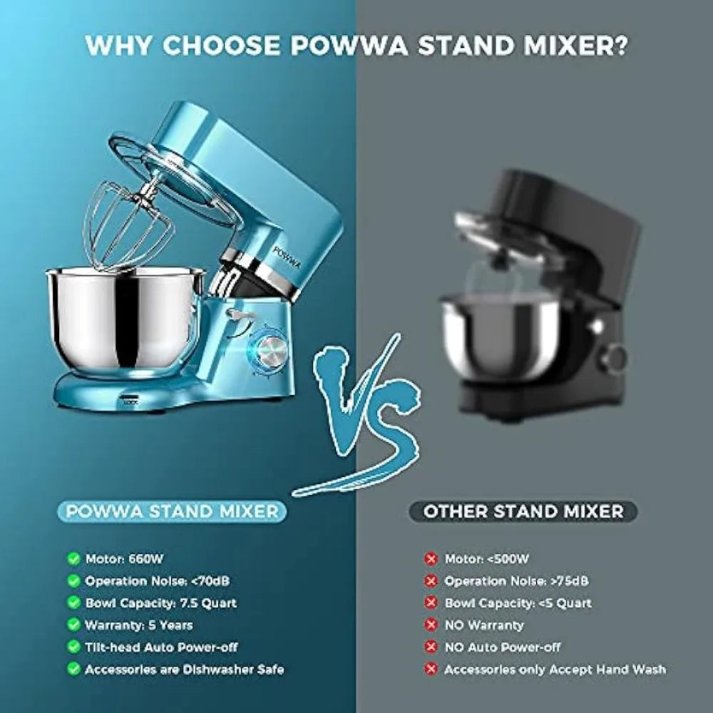 Stand Mixer, POWWA 7.5 QT Electric Mixer, 6+P Speed 660W Household Tilt-Head Kitchen Food Mixers with Whisk, - My Homes Goods