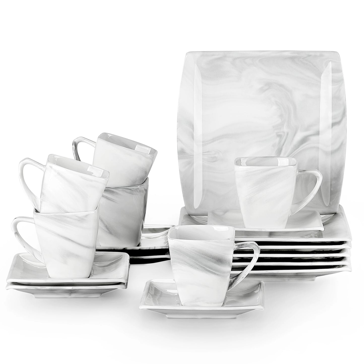 MALACASA Blance 18/36pcs Marble Grey Porcelain Ceramic Drinkware Sets with Coffee Cups,Saucers and Dessert Plates for 6 Person