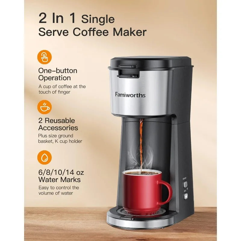 Famiworths Single Serve Coffee Maker for K Cup & Ground Coffee, With Bold Brew, One Cup Coffee Maker, 6 to 14 oz. - My Homes Goods