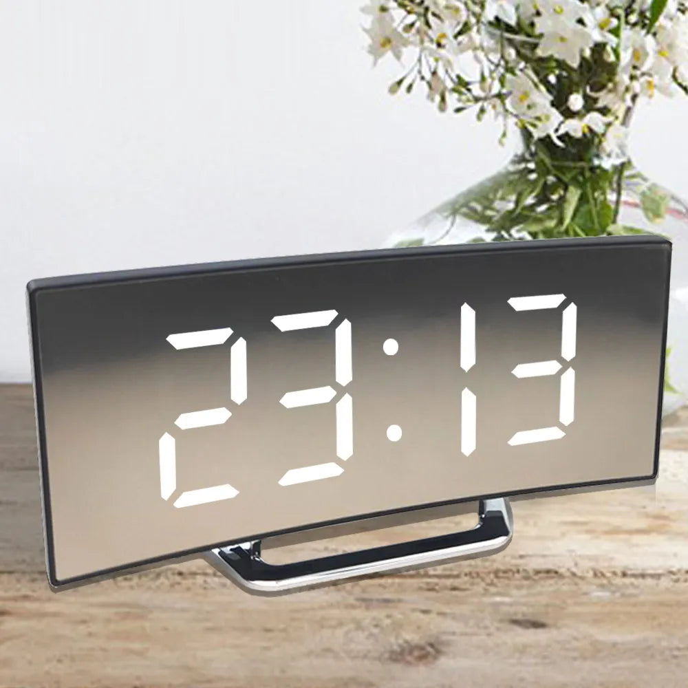 Led Alarm Clock Digital Children Electronic Alarm Clocks Curved Screen Mirror Temperature Clock with Snooze Function Desk Clock - My Homes Goods