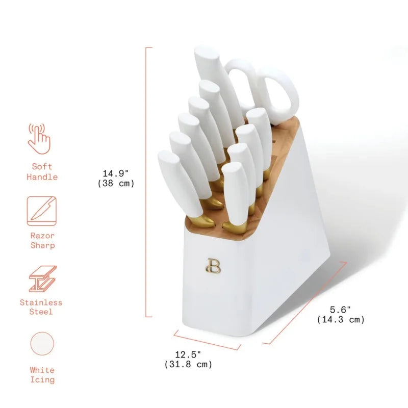 Beautiful 12 Piece Knife Block Set with Soft-Grip Ergonomic Handles White and Gold by Drew Barrymore - My Homes Goods