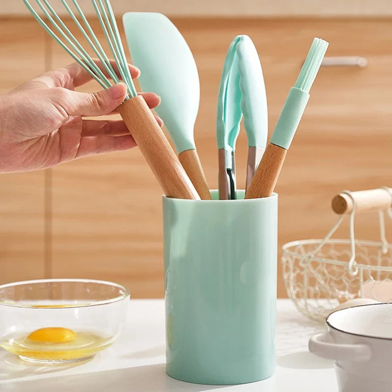 12Pcs Silicone Cooking Utensils Set Wooden Handle Kitchen Cooking Tool Non-stick Cookware Spatula Shovel Egg Kitchenware Beaters - My Homes Goods