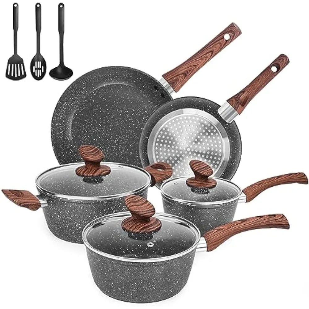 M MELENTA Granite Pots and Pans Set Ultra Nonstick, 11 Piece Die-Cast Cookware Sets with Frying Pan, Sauce Pan, Stockpot - My Homes Goods