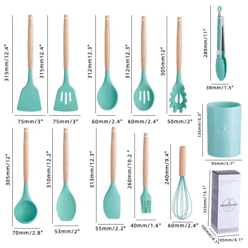 12Pcs Silicone Cooking Utensils Set Wooden Handle Kitchen Cooking Tool Non-stick Cookware Spatula Shovel Egg Kitchenware Beaters - My Homes Goods