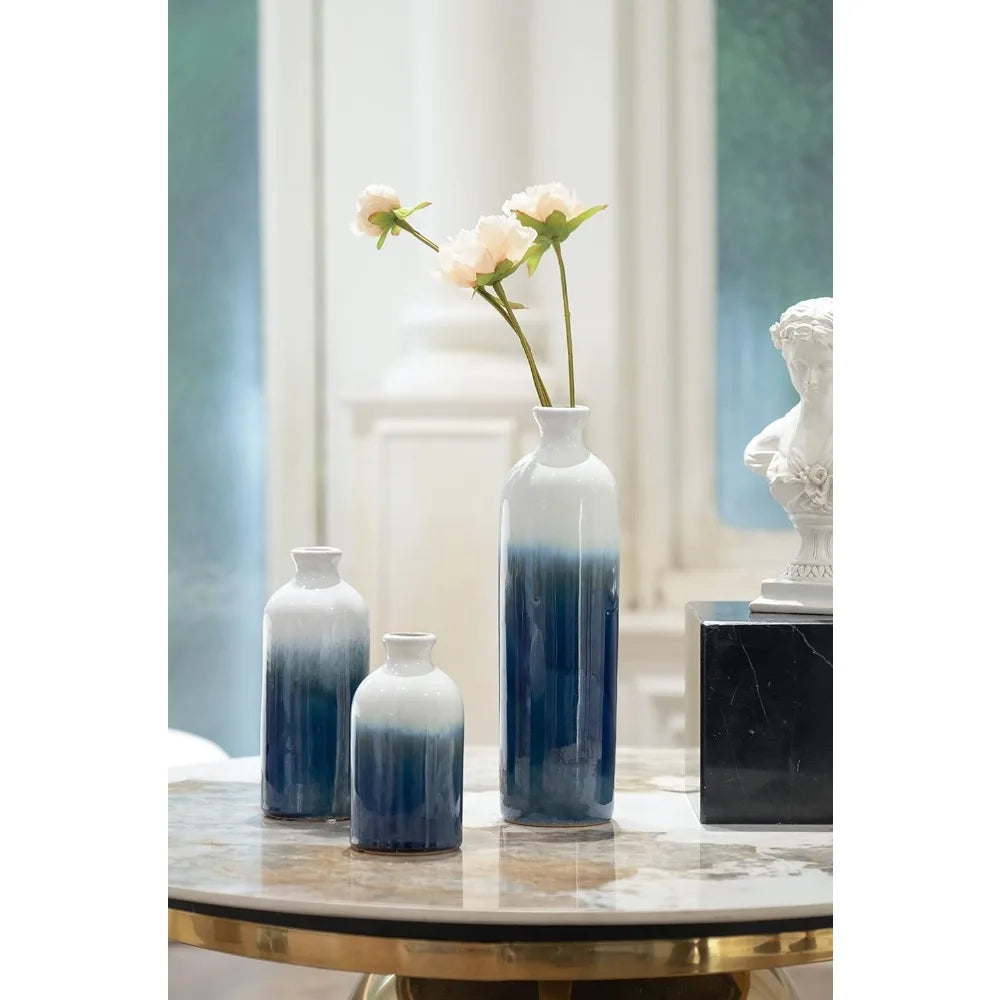 Blue Vases Set 3 Pcs, Decorative Flower Vase Ideal Gift for Valentines Day Decor, Large Ceramic Vase Set