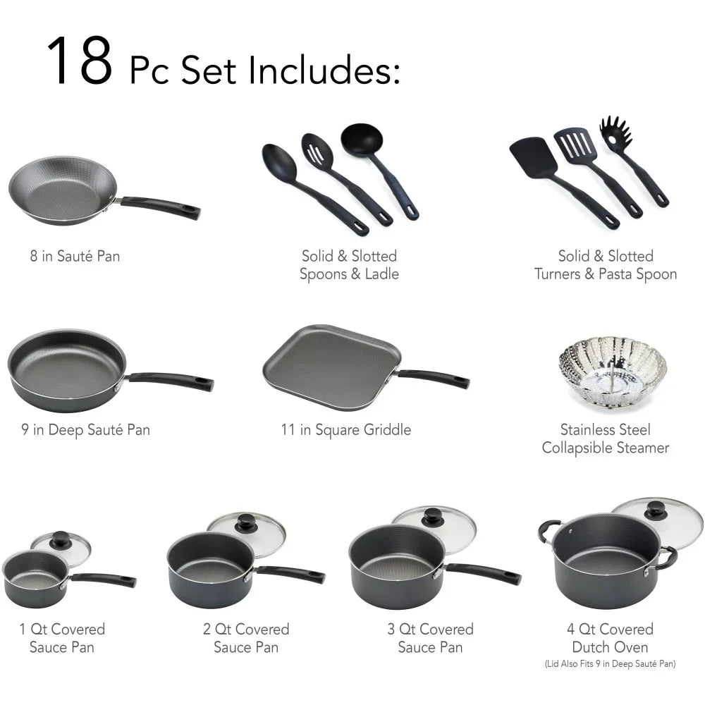 NoEnName_Null Primaware 18 Piece Non-stick Cookware Set, Pots and Pans Set Nonstick Cooking Pots, Pots and Pans, Kitchen - My Homes Goods