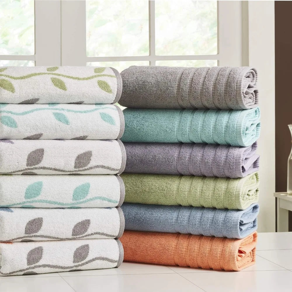 Towels Bathroom Overseas 6-Piece Yarn Dyed Organic Vines Jacquard/Solid Ultra Soft 500GSM 100% Combed Cotton Towel Set Bath Home - My Homes Goods