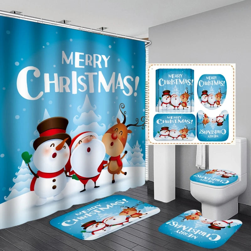 Christmas Bathroom Shower Curtain 4Pcs Set Snowman Santa Claus Pattern Waterproof Shower Curtain Toilet Cover Mat Non Slip Rug - My Homes Goods