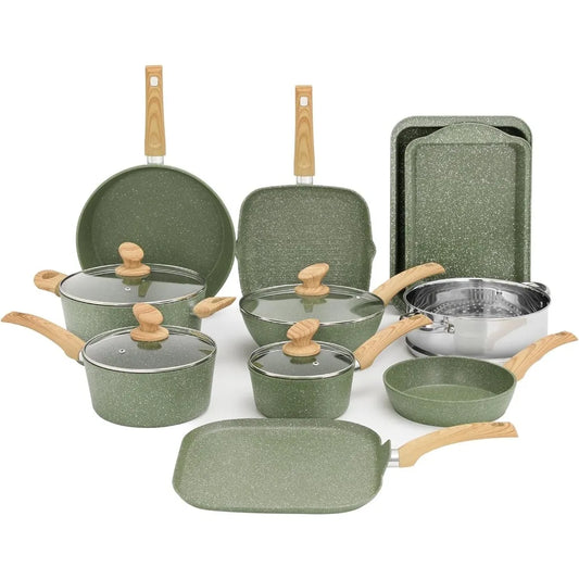 17 Pieces Induction Cookware Set, Green Granite Pots and Pans Set, Nonstick Cooking Pans Set