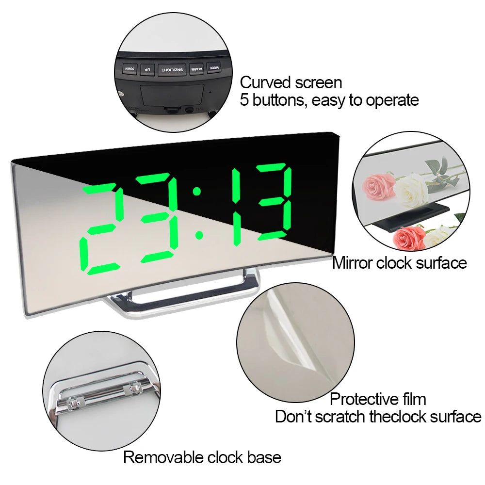 Led Alarm Clock Digital Children Electronic Alarm Clocks Curved Screen Mirror Temperature Clock with Snooze Function Desk Clock - My Homes Goods