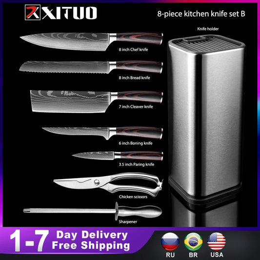 XITUO Kitchen Chef Set 4-8PCS set  Knife Stainless Steel Knife Holder Santoku Utility Cut Cleaver Bread Paring Knives Scissors - My Homes Goods