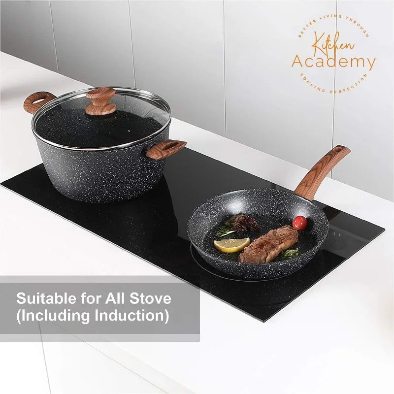 Kitchen Academy Induction Cookware Sets - 12 Piece Cooking Pan Set, Granite Black Nonstick Pots and Pans Set - My Homes Goods