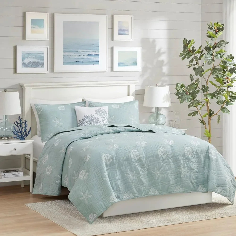 All Season Comforter Sets Pre-Washed Coverlet Bedding Layer Bed Linen Set Seaside Reversible Cotton Quilt Set Freight free