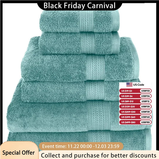 Soft & Absorbent, Luxury 100% Cotton Towels, 6 Piece Bath Towel Set, Include 2 Bath Towels, 2 Hand Towels, 2 Washcloths